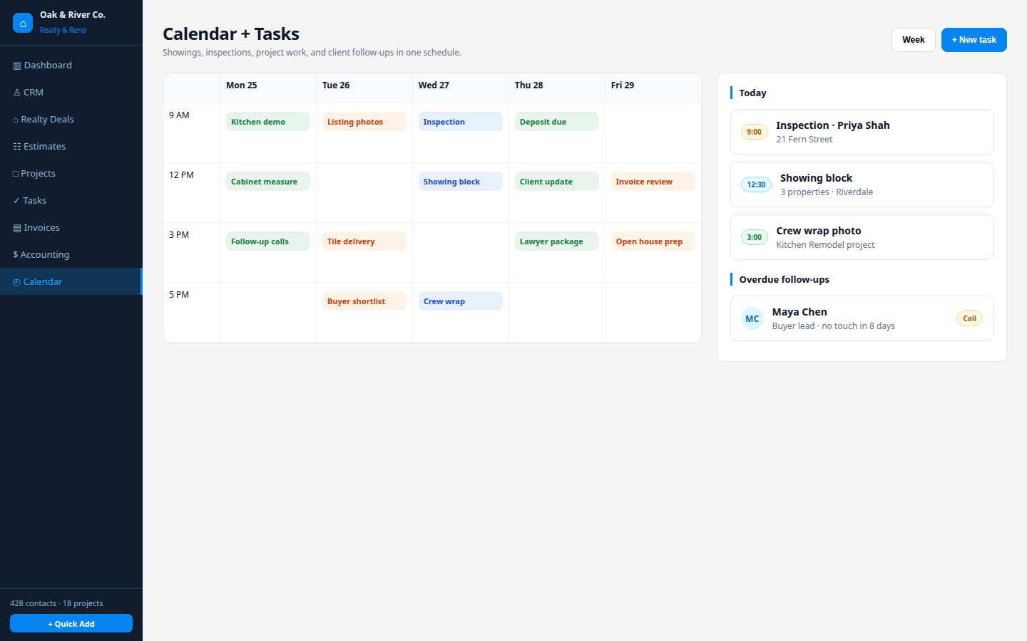 Schedule & tasks in Stairkey — Visits, showings, inspections, and deadlines on one timeline.
