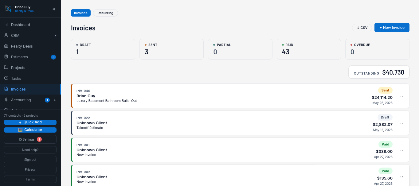 Invoices & payments in Stairkey — Turn finished work into invoices and see what's draft, sent, and paid — with outstanding totals at a glance.
