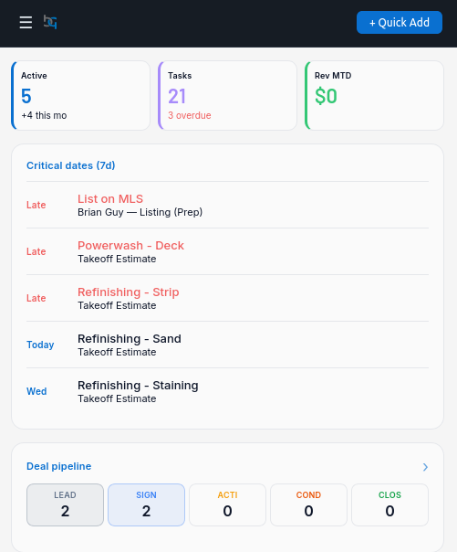 Stairkey mobile app — Your day at a glance: Active jobs, overdue tasks, critical dates, and your deal pipeline.