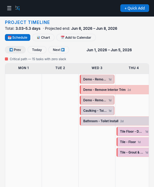 Stairkey mobile app — Project timeline: The critical path and every task, day by day.