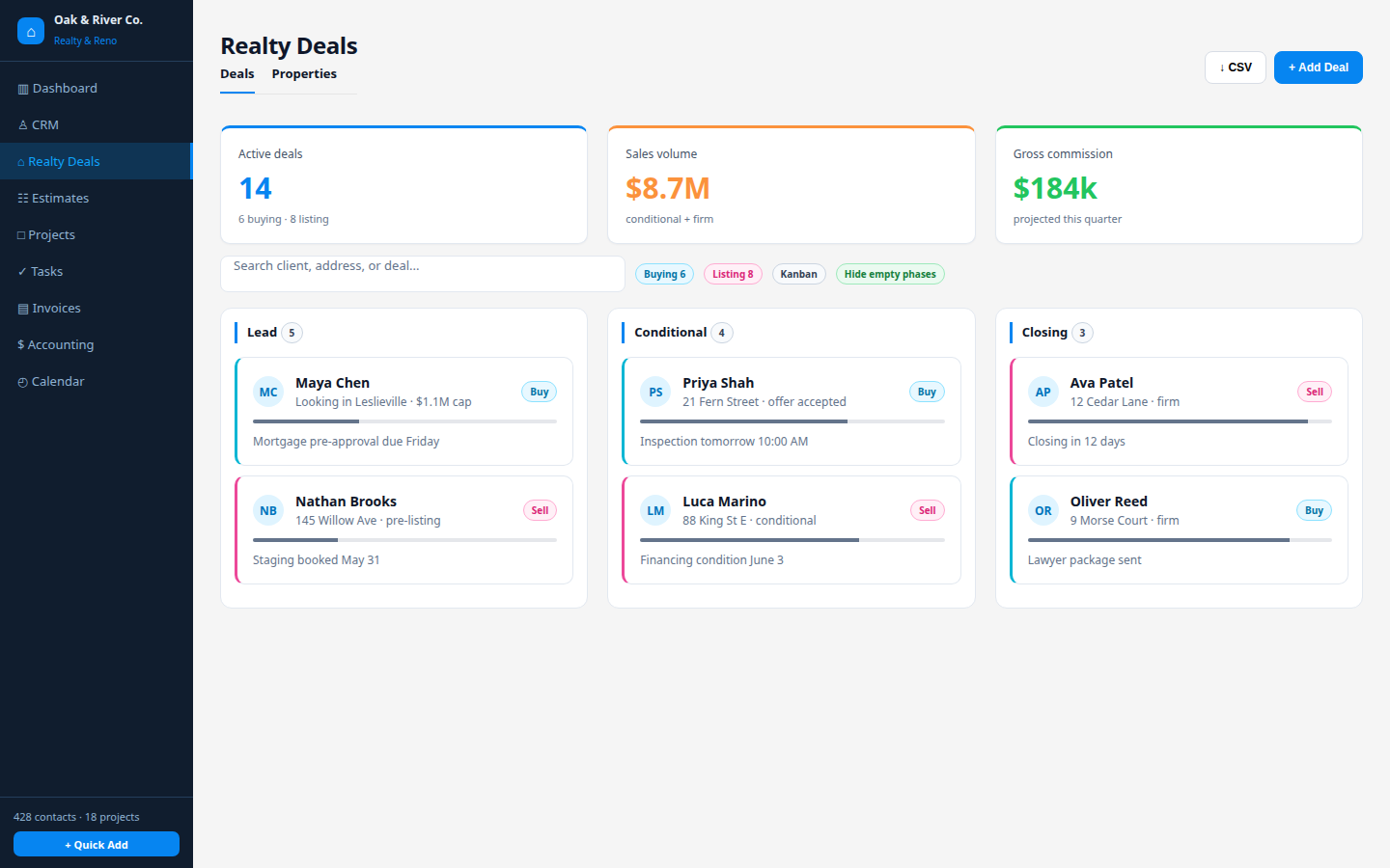 Lead & deal pipeline in Stairkey — Every lead and deal on one page — stage, offers, and critical dates.