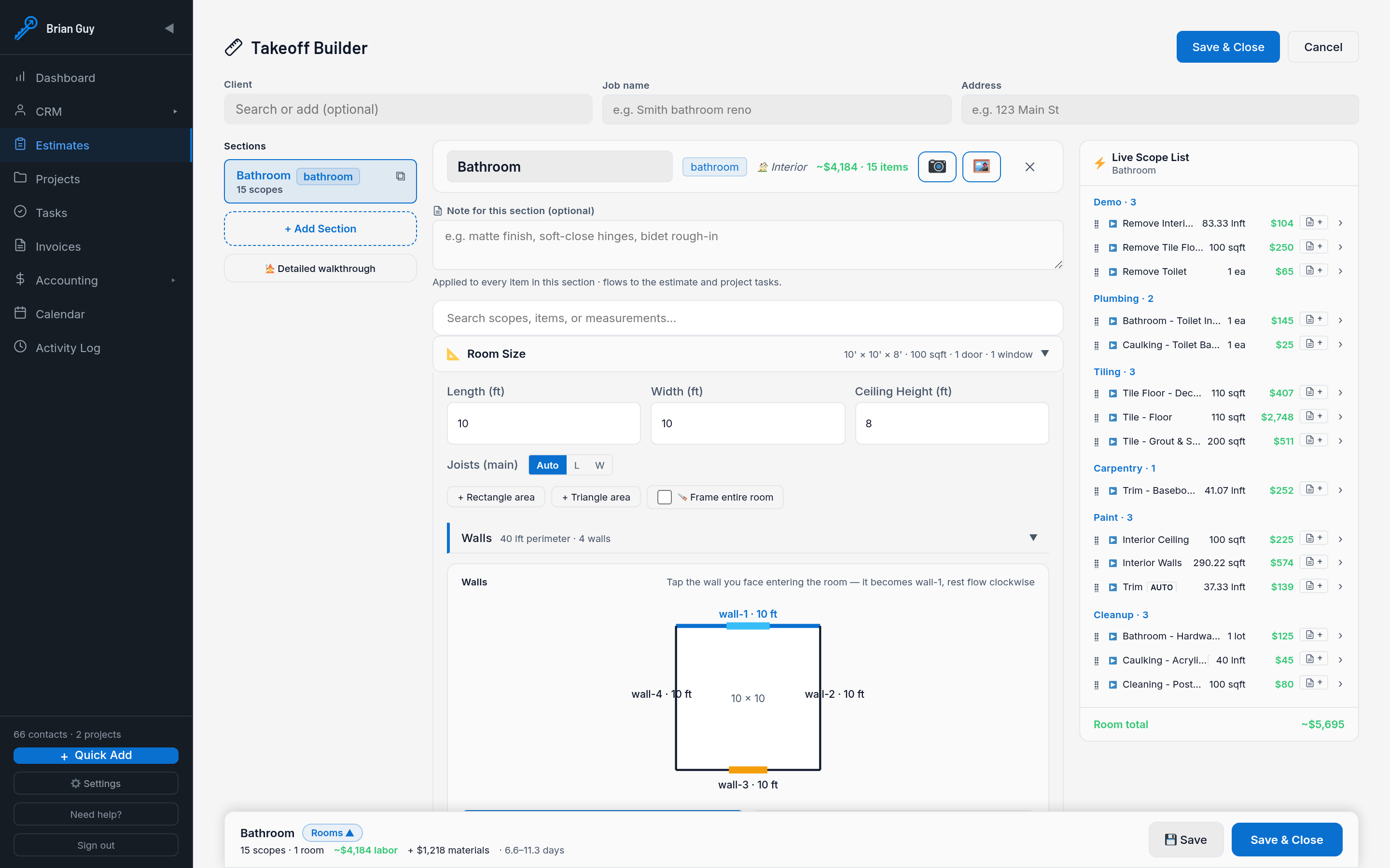 Stairkey contractor takeoff and estimating software — the Takeoff Builder measuring a room and pricing the scope on a sample job